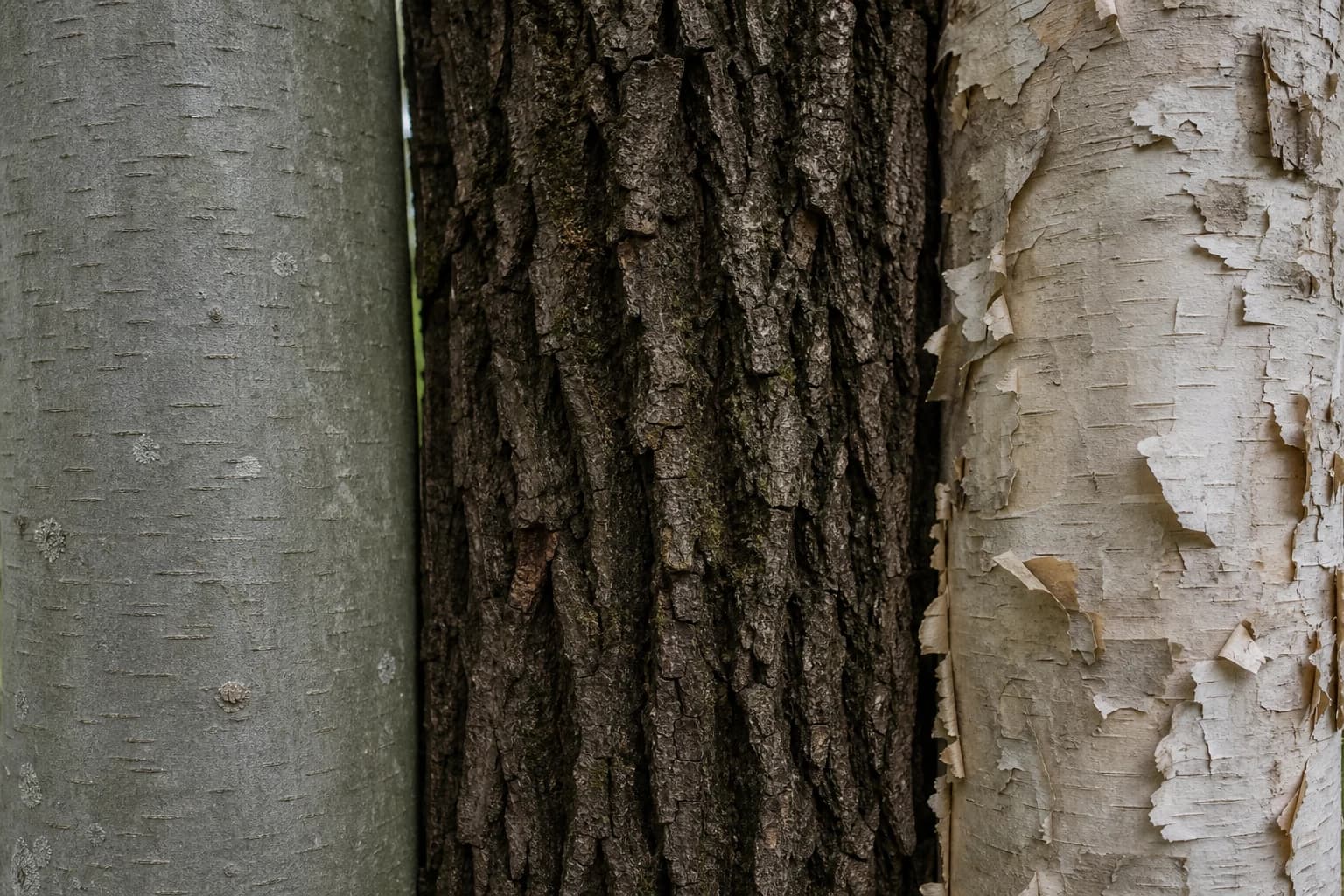 Close study of several distinct bark textures on woodland trees