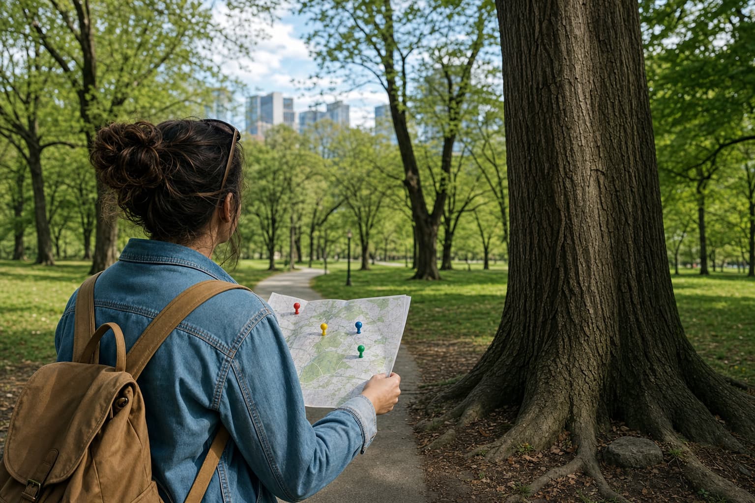 A walker recording trees on a park map beside a tree-lined path
