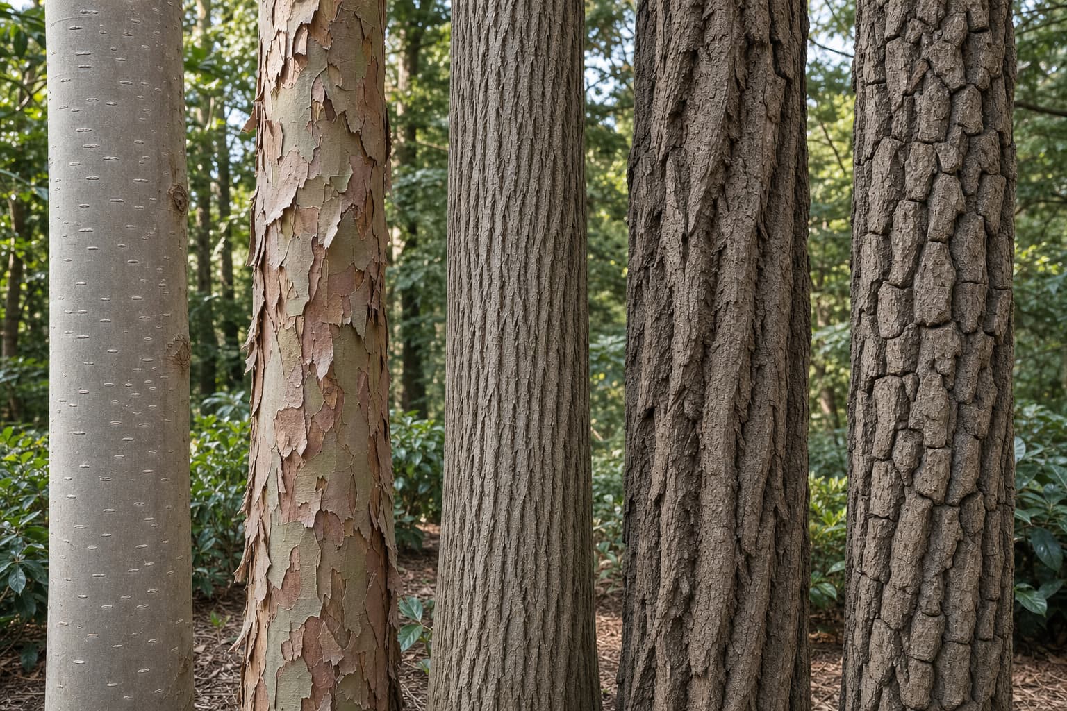 A field board displaying smooth, peeling, plated, and ridged tree bark samples